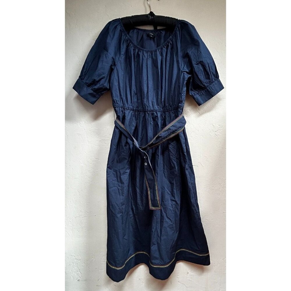 J. Crew Womens Size Medium Scoopneck Poplin Peasant Belted Midi Dress Blue Lined